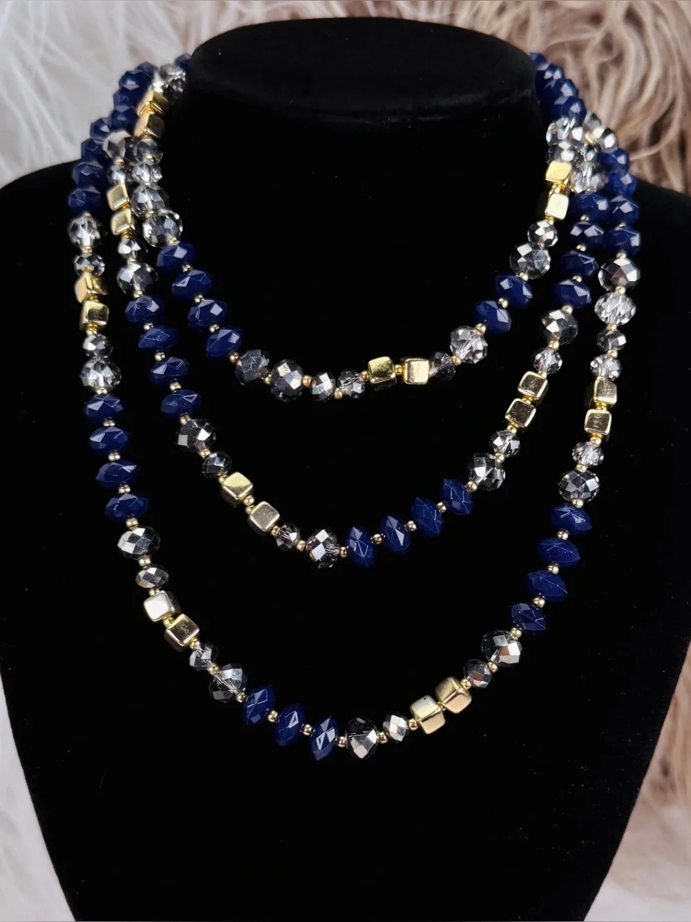 Navy Blue Silver Gold Tone Faceted Bead Long Strand Layering Necklace